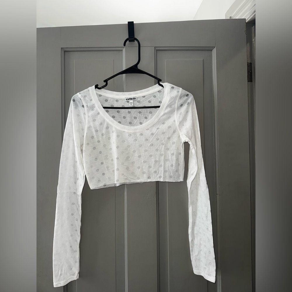 Express White Polka Dot Long Sleeve Crop Top